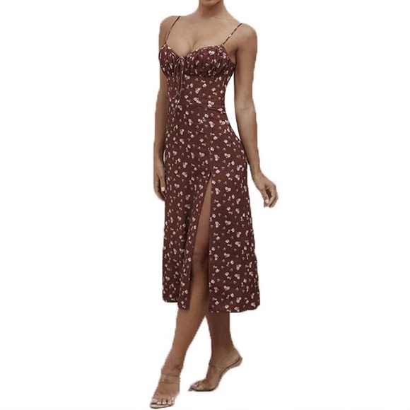 Red wine floral slit summer beach dress - Picture 2 of 15